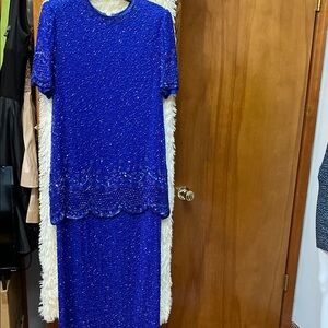 Vintage Women’s Royal Blue Silk Beaded Gown By Brilliante. Size M